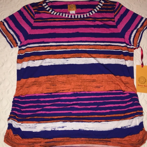 Ruby Rd Multicolor Striped Short Sleeve Top - Picture 2 of 4
